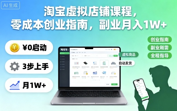 淘宝虚拟店铺课程,零成本创业指南,副业月入1W+-开心网创