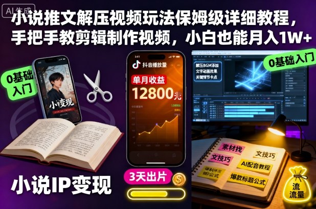 小说推文解压视频玩法保姆级详细教程,手把手教剪辑制作视频,小白也能月入1W+-开心网创