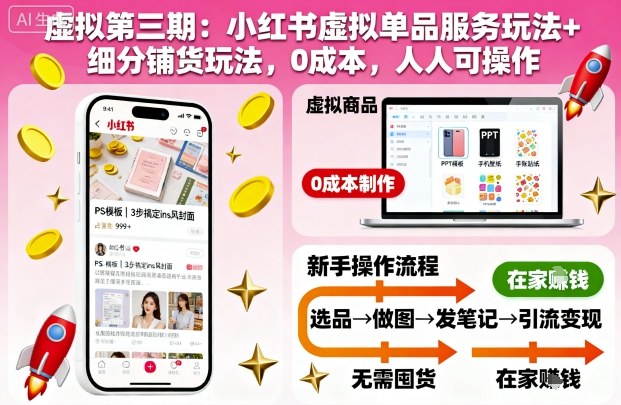 虚拟第三期:小红书虚拟单品服务玩法+细分铺货玩法,0成本,人人可操作-开心网创